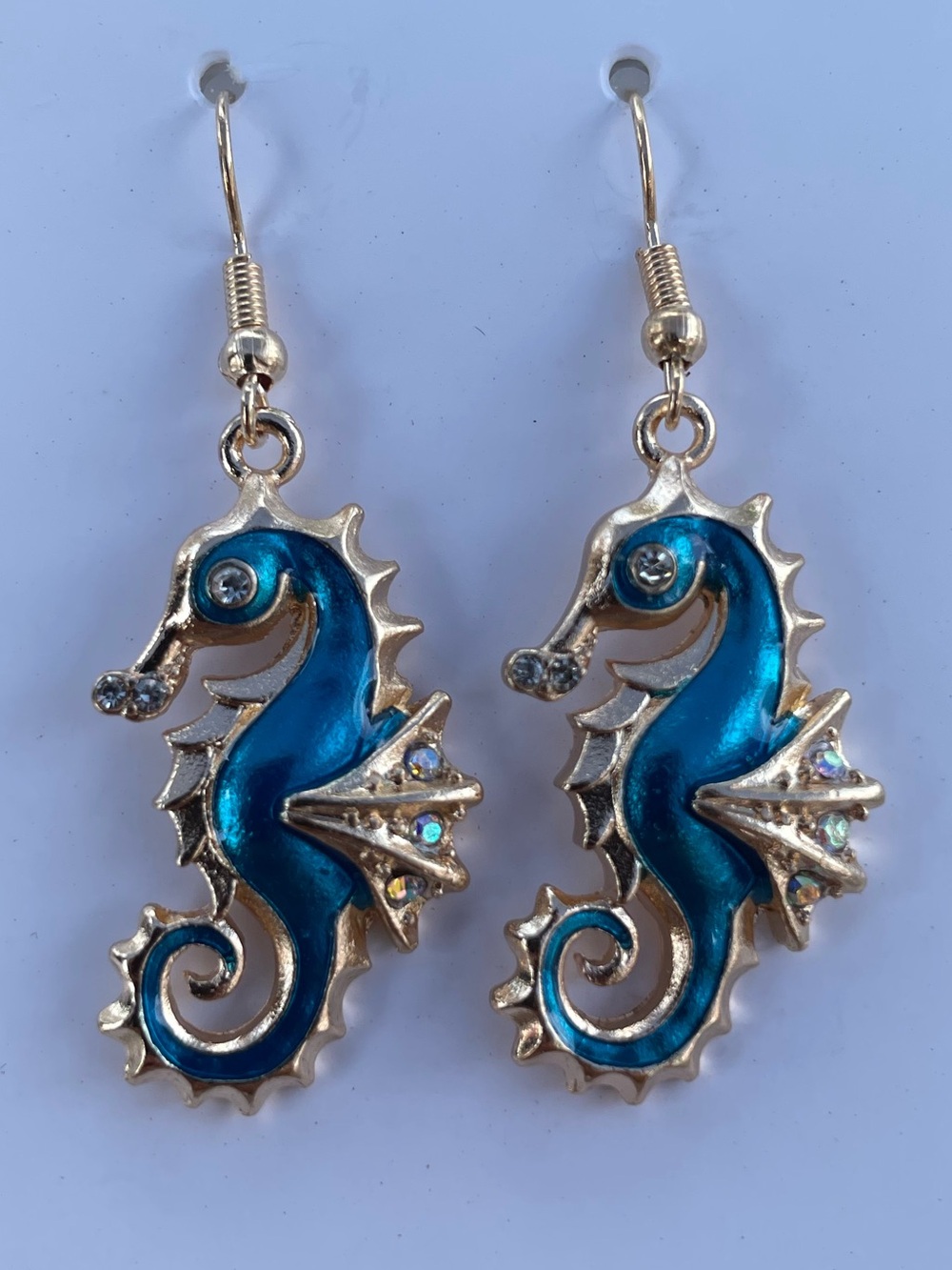 Gold-Tone Blue Seahorse Drop Earrings - Unbranded